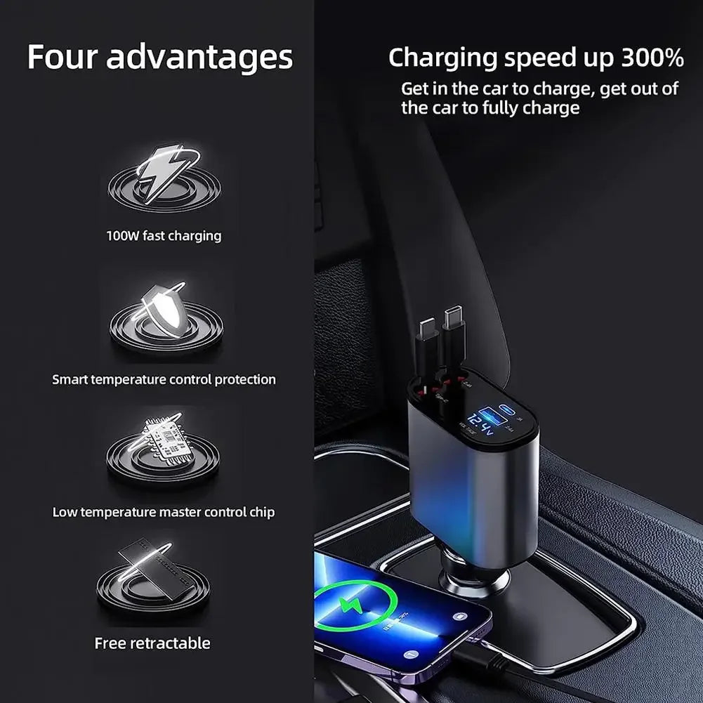 120W 4 in 1 Retractable Car Charger USB Type C Cable for Iphone Samsung Fast Charge Cord Cigarette Lighter Adapter